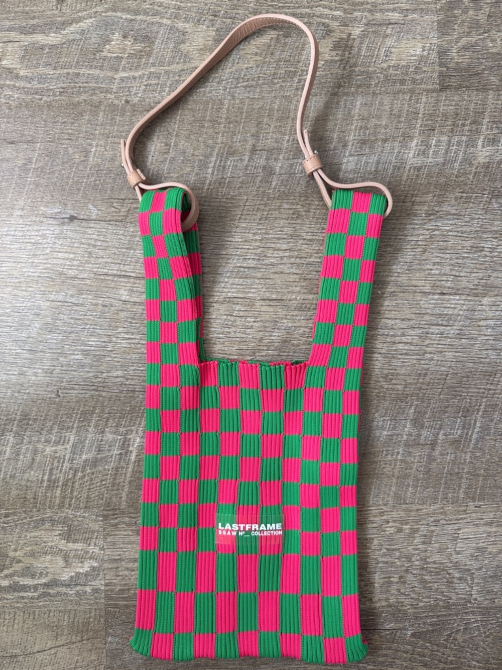 LASTFRAME Pink & Green Checker Knit Shoulder Bag